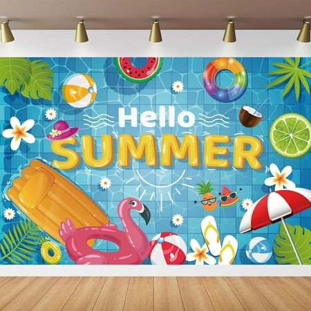 Hello Summer Backdrop Banner Colorful Summer Photography Background for Summer Seaside Beach Swimming Pool Fruits Flamingo Hawaiian Tropical Themed Party Decorations Supplies