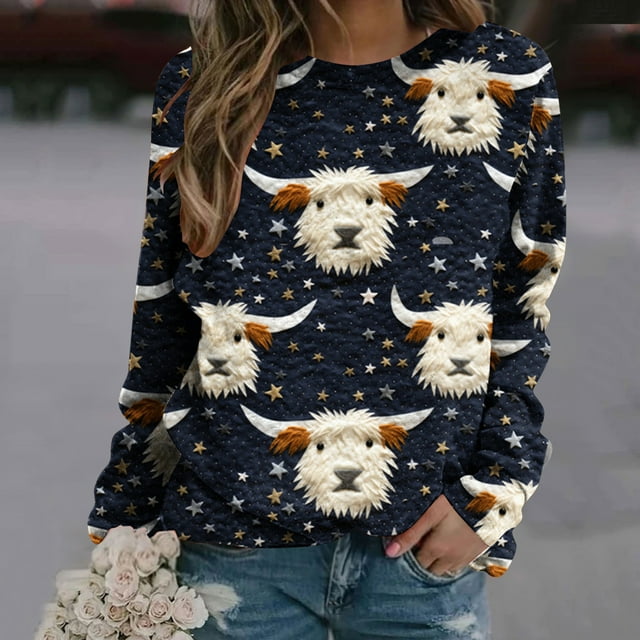 LSLJS Women's Christmas Printed Round Neck Long Sleeved Top Loose Fitting Sweater