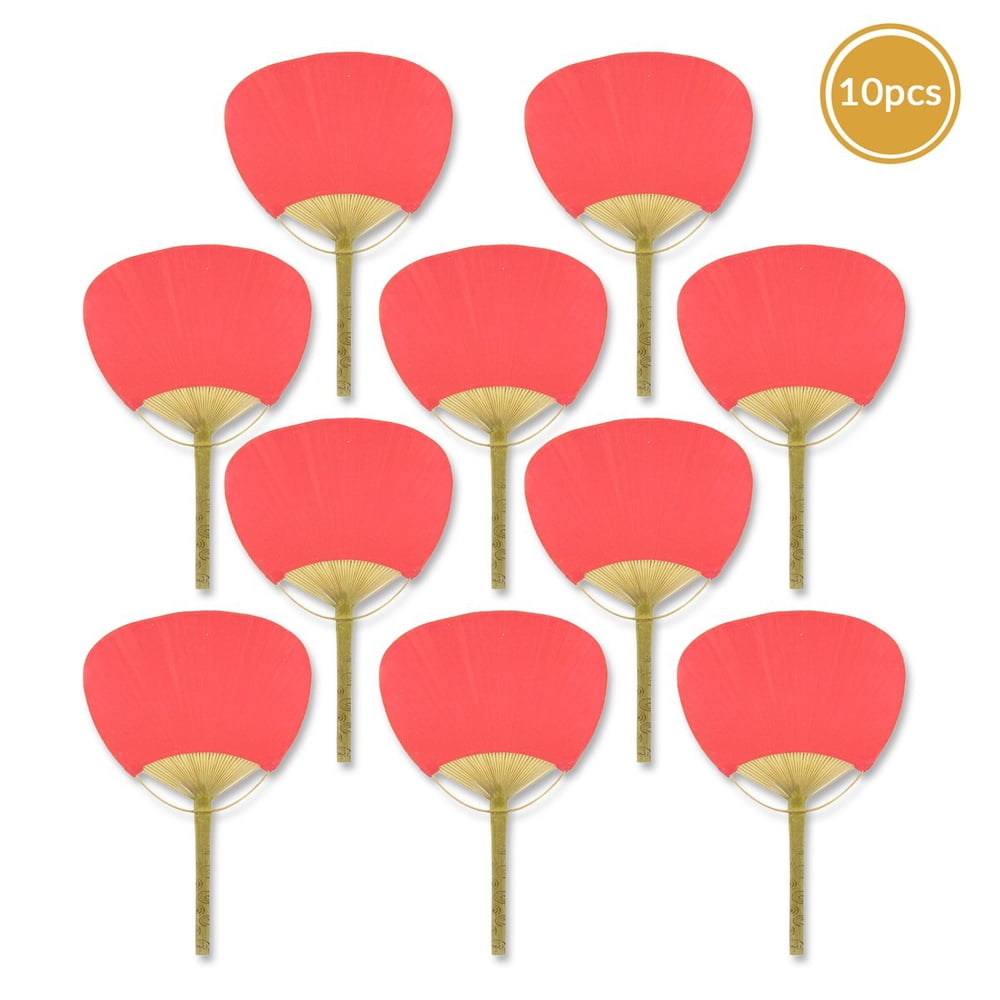 Quasimoon 9" Red Paddle Paper Hand Fans for Weddings (10 Pack) by