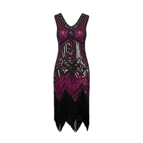 BLTIBY 2025 Women 1920s Vintage Sequin Dress Lace V Neck Tassel Glitter Art Deco Flapper Dresses with Sleeveless Hot Pink L