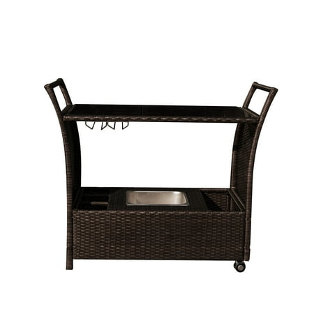 Wicker Bar Cart Island Retreat Outdoor Bar Cart - Rolling Wicker Bar for Pools and Patios With Drink Wells and Ice Tray ()
