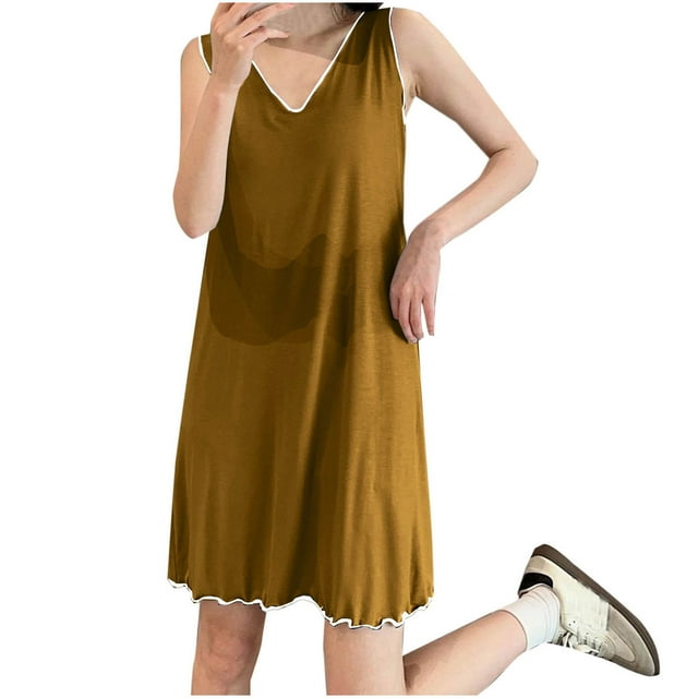 Tranfacy Chemises de Nuit pour Femmes, Chemises de Nuit pour Femmes Grande Taille, Pyjama Sans Manches à Encolure pour Femmes Grande Taille, Longue Nuisette Ample