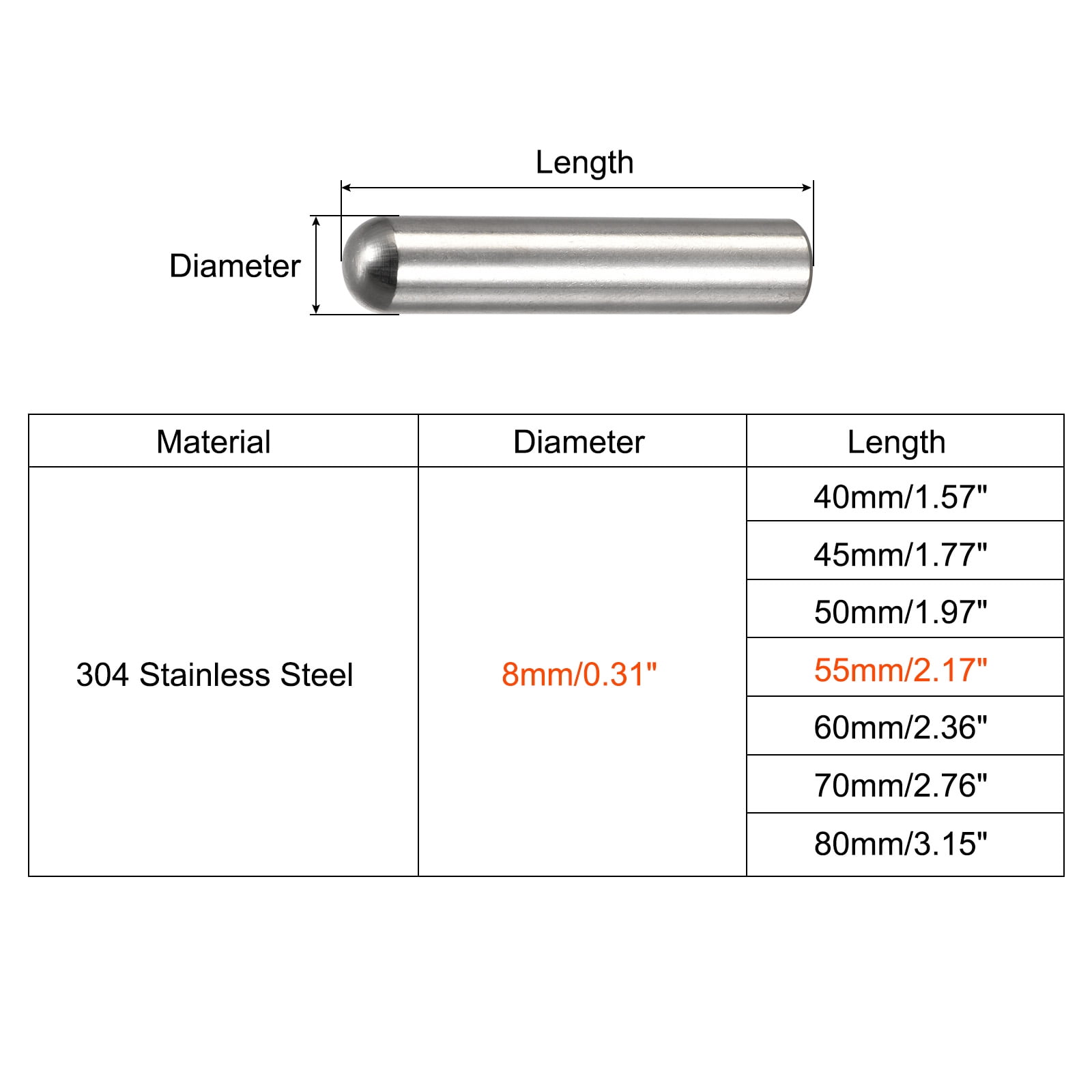 8x55mm Dowel Pins, 20pcs 304 Stainless Steel Round Head Flat Chamfered End Dowel Pin Bunk Bed Pins Shelf Pegs Support Shelves Fasten Elements