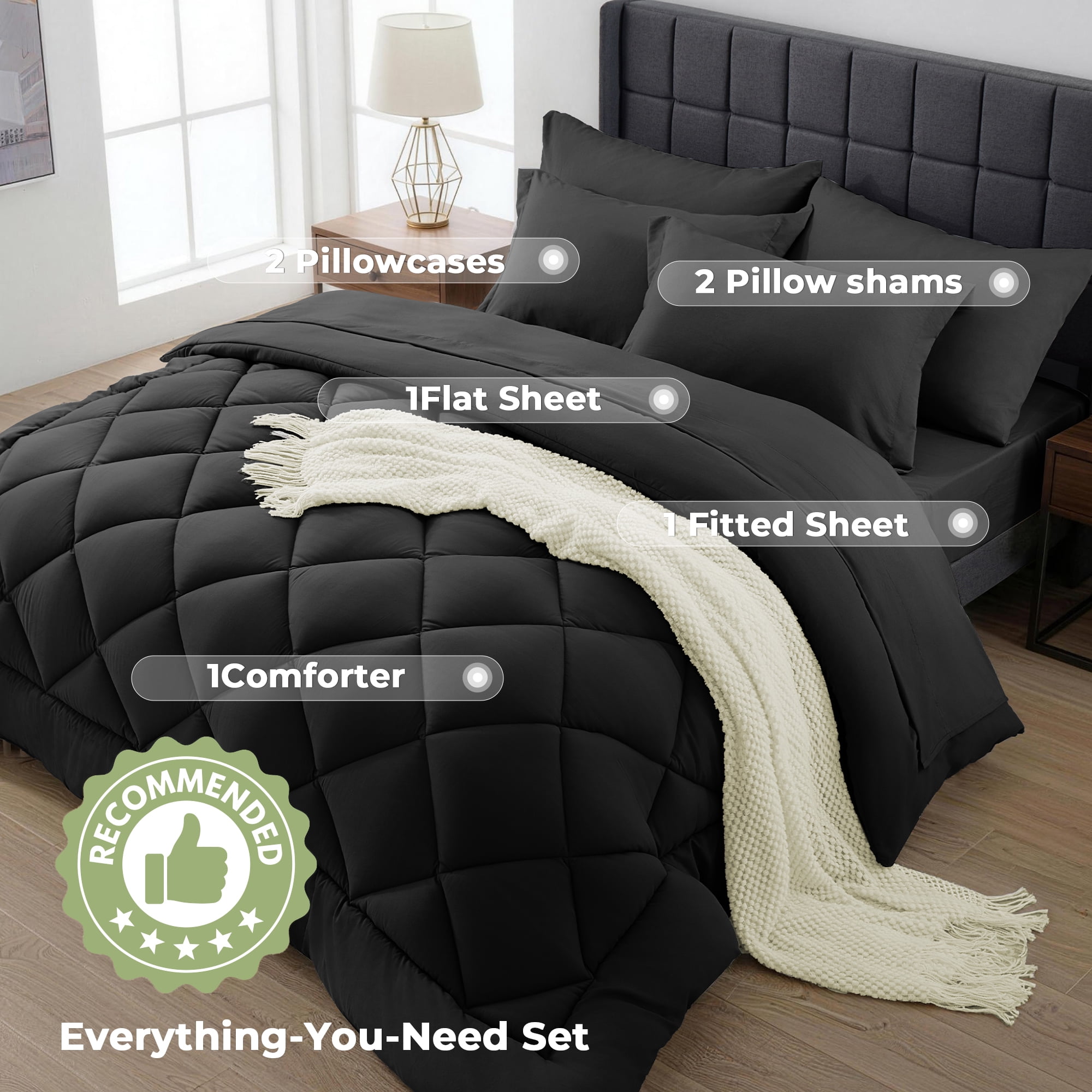 WISHEAD Full Bed in a Bag Comforter Set with 7 Pieces - Black All Season Bedding Sets with Comforter, Pillow Shams, Flat Sheet, Fitted Sheet and Pillowcases