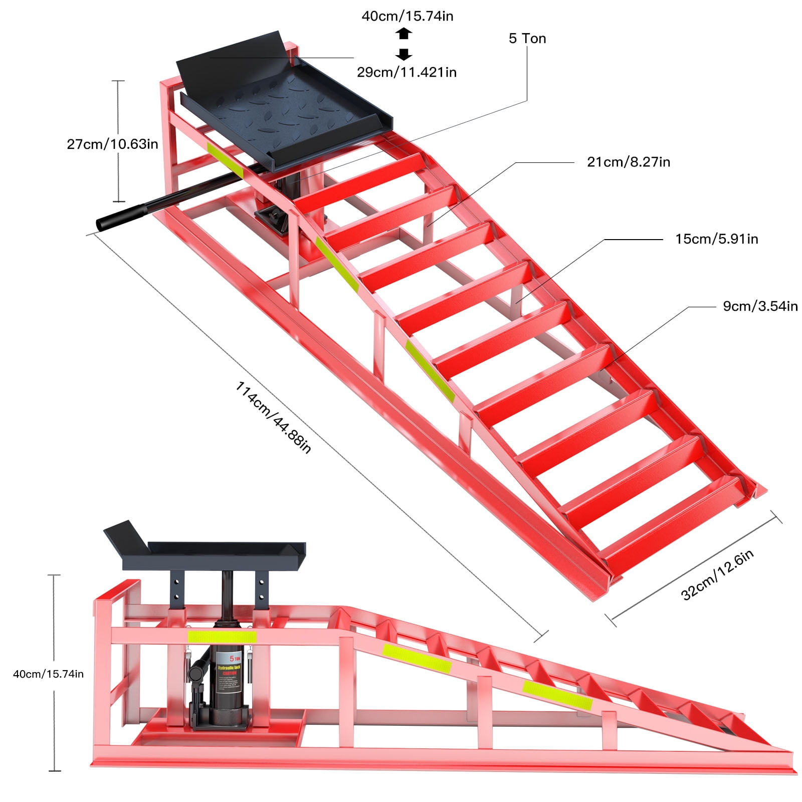 Hydraulic Car Ramps for Oil Change, 5 Ton (11,000 lbs) Heavy Duty Garage Ramps, Adjustable 9.8-15 Inch Lift with Reflective Strips, 2 PCS Red Vehicle Service Ramps