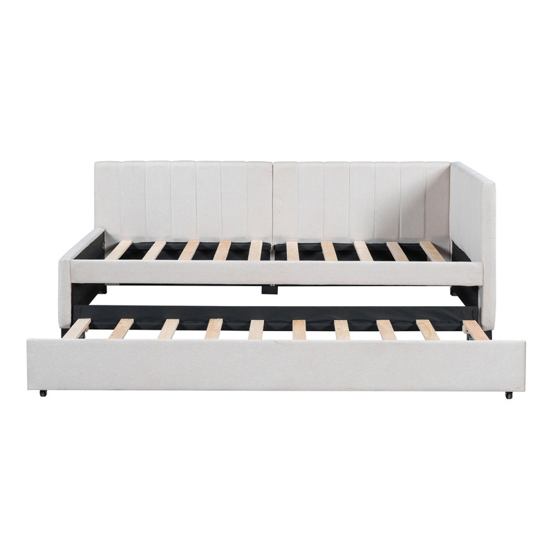 Aukfa Daybed with Trundle, Twin Size Upholstered Bed Frame, Beige