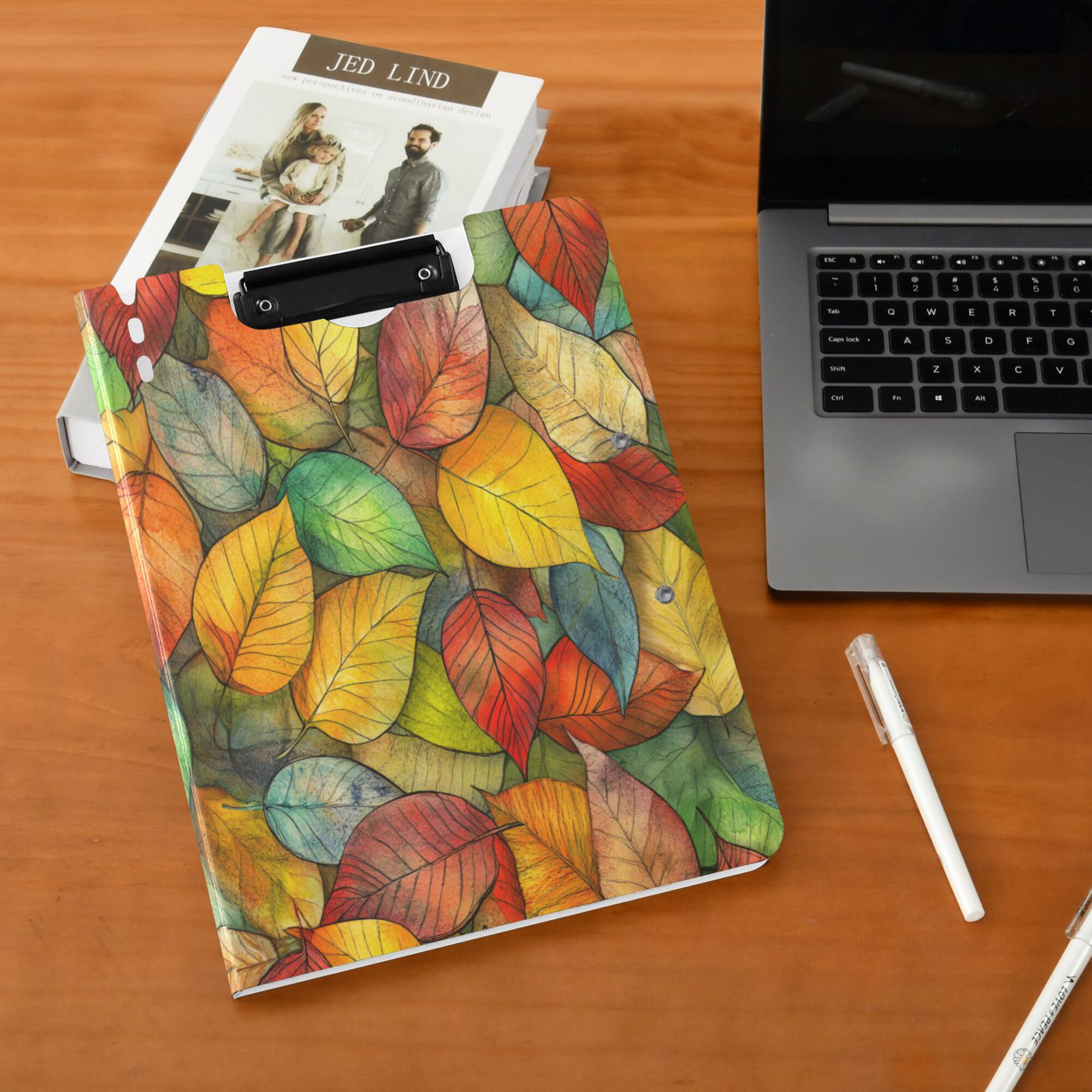 FORMRS A4 Clipboard Folder with Pen Holder Horizontal Foldable School Office Binder, Retro Autumn Leaves