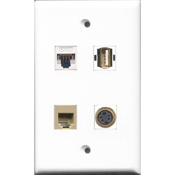 RiteAV 1 Port USB A-A and 1 Port Phone RJ11 RJ12 Beige and 1 Port S-Video and 1 Port Cat5e Ethernet White Wall Plate