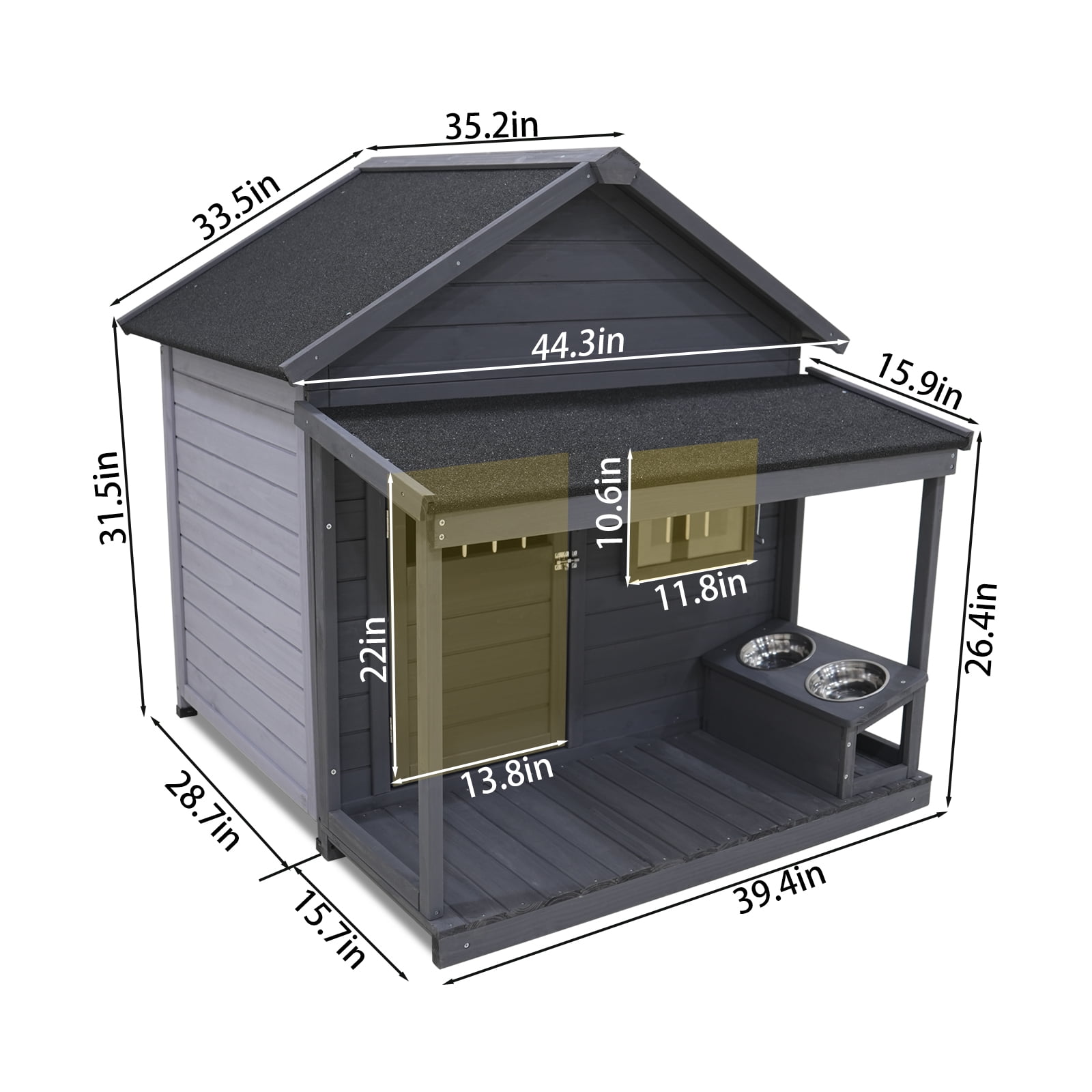 imerelez Large Dog House with Terrace 44.2"x44.6"x44.6" Solid Wood Weatherproof Outdoor Kennel for Dogs up to 80lbs, Gray