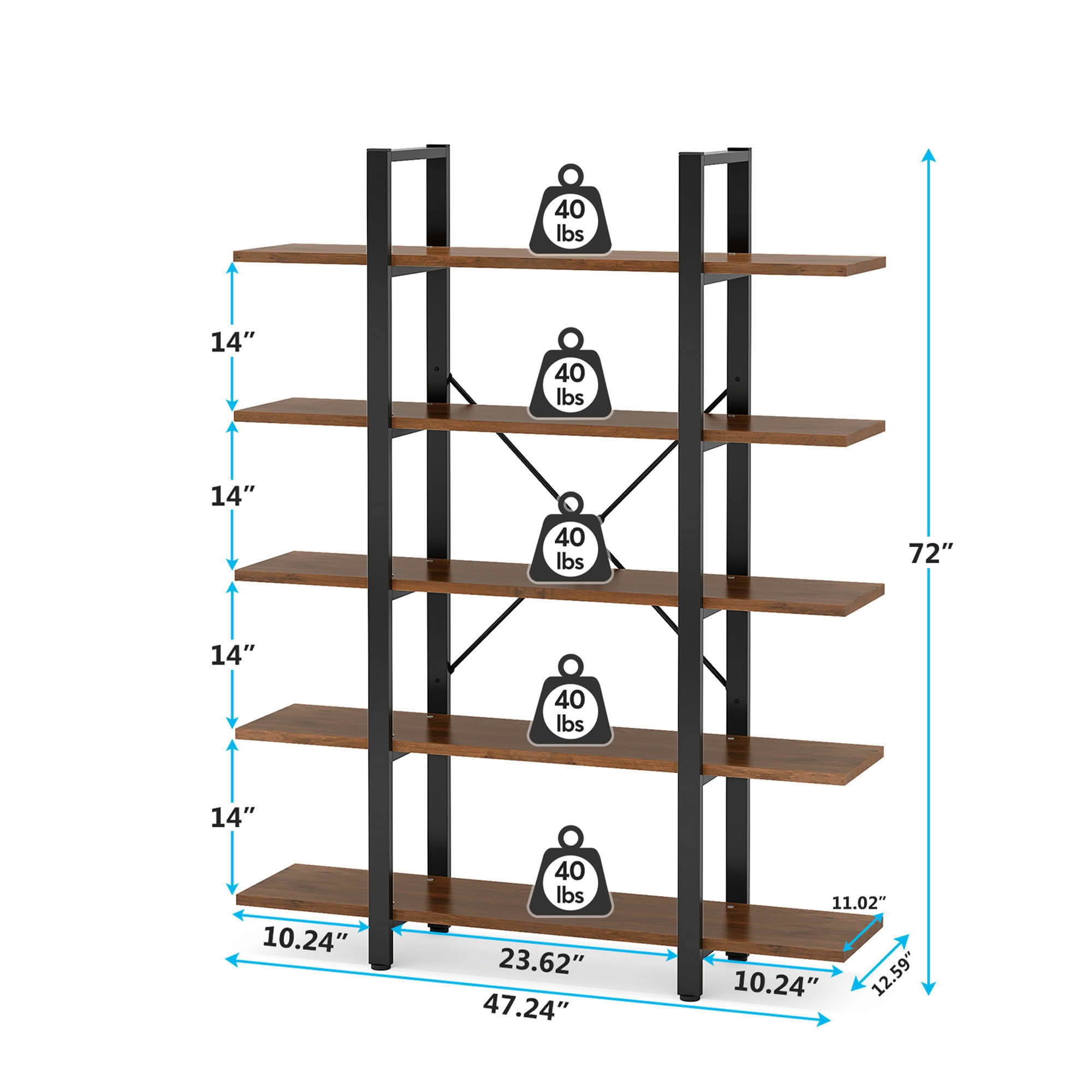 MAYEERTY 72"H 5-Tier Open Etagere Bookshelf, 47 Inch Wide Brown Storage Display Rack, Metal Frame E1 Engineered Wood Bookcase with Adjustable Foot Pads for Living Room Office