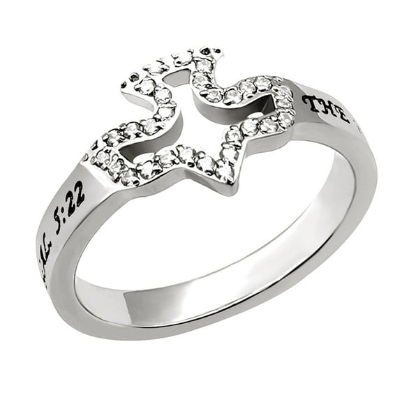 LOVE JOY PEACE Ring, Dove Outline with CZ Stones on Stainless Steel