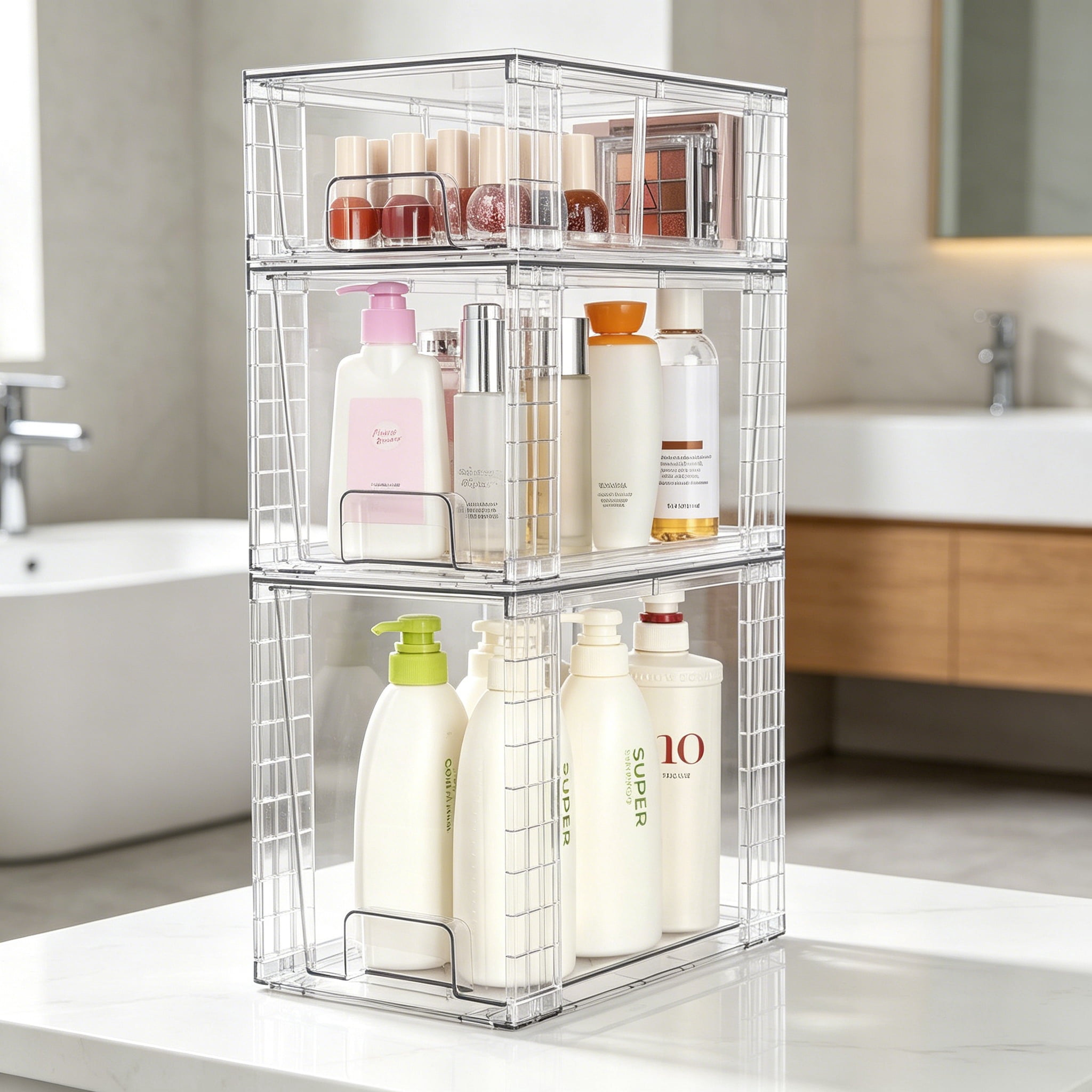 6-Pack Clear Stackable Storage Drawers, Easy to Assemble Bathroom Organizers and Storage with Handles, Plastic Drawers for Kitchen, Pantry, Cabinet, Under Sink Organization
