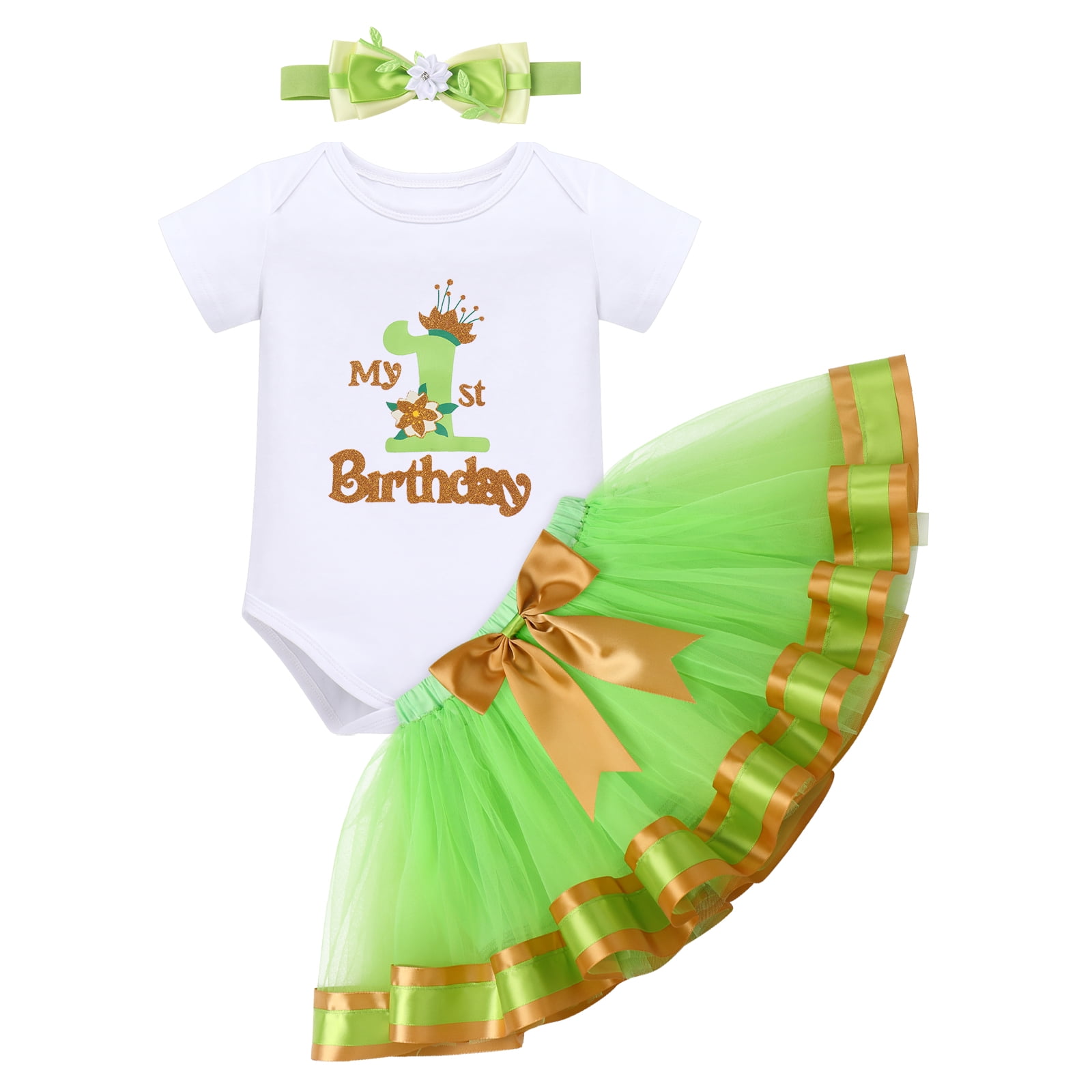 IBTOM CASTLE Baby Girls 1st Birthday Outfit Princess One Cosplay Character Romper Tutu Dress Headband Party Clothes for Photo Shoot 1 Year Green - Tiana Crown