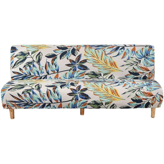 Printed Futon Cover Stretch Sofa Bed Slipcovers Full Twin Queen Size Armless Couch Loveseat Protector Covers with Elastic Bottom for Living Room Bedroom Furniture (Rain Leaves, 63"-75")