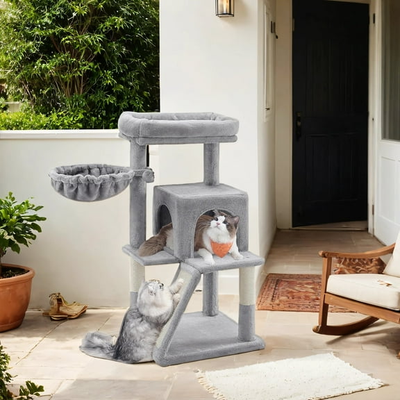 LEDREM 37.8-Inch Multi-Level Cat Tree with Widened Perch & 2-Door Cave - Small Cat Tower with Scratching Ramp for Large Cats, Light Gray