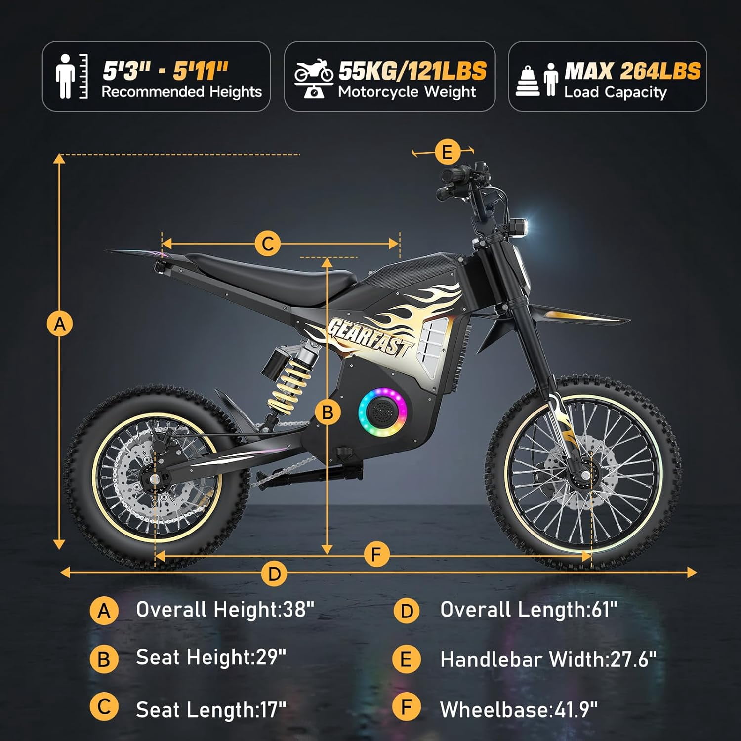Electric Dirt Bike for Adults & Teens, 3550W, 41MPH, Up to 60 Miles Range, 48V/22AH Removable Battery, Hydraulic Brakes, 14"/12" Fat Tire Off-Road E-Dirt Bike for Age 13+, Gold