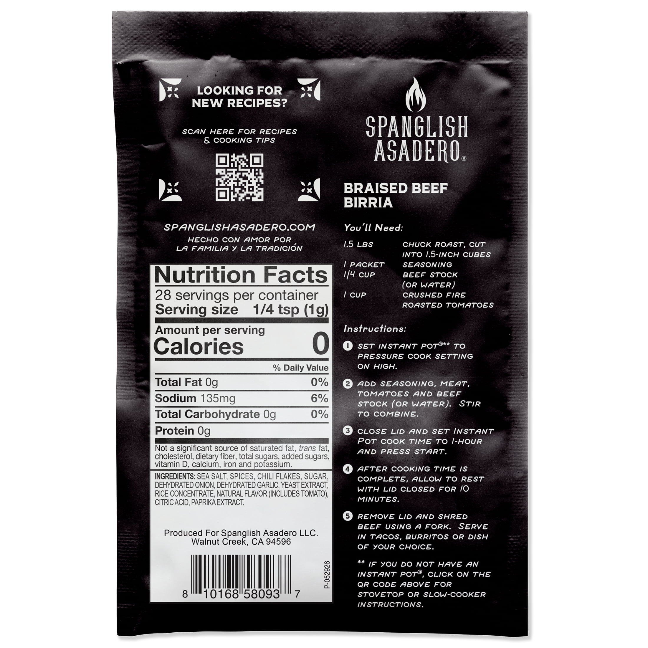 Spanglish Asadero Birria Seasoning with Chilis, Spices, Tomato & Sea Salt, 1 oz Packet