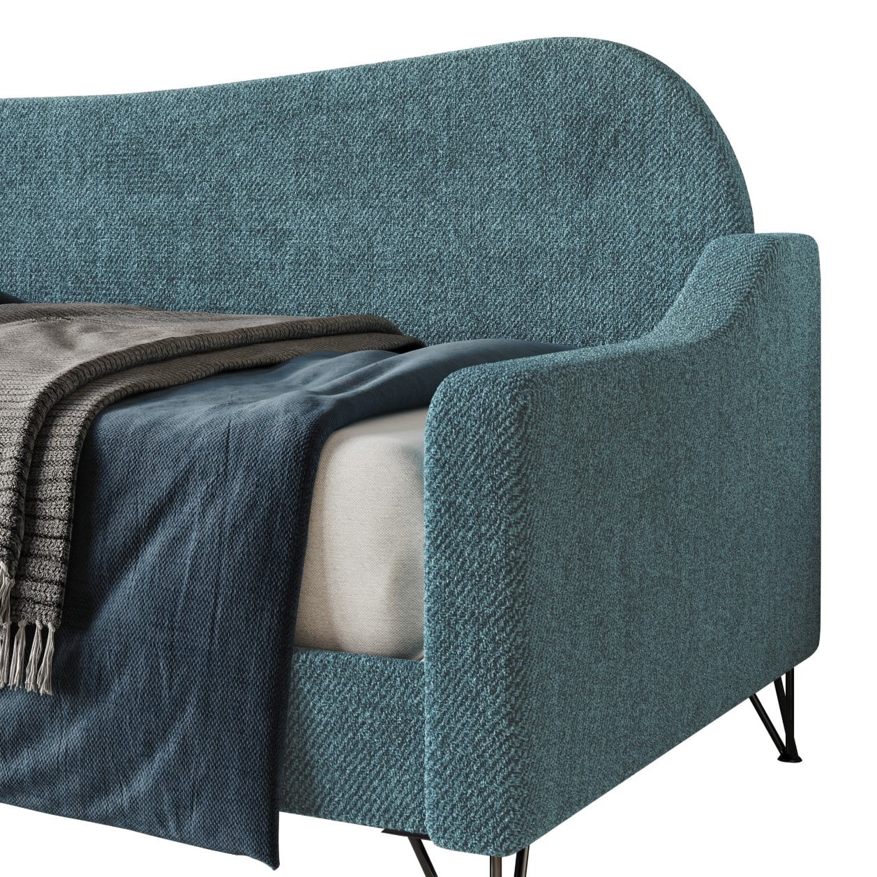 Home Design Natty Twin Daybed with Upholstered Frame, Elegant Backrest and Arms, Black Metal Legs, Stylish Seating and Sleeping Solution, Teal