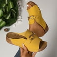 thumbnail image 4 of Yellow Women'S Open Toe Mules With Metallic Buckle Wedge Heel Thick Soles Comfortable Casual Summer Wear Slip On Lightweight Soft Fabric Upper Size 36, 4 of 9