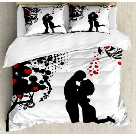 Kiss Queen Size Duvet Cover Set Silhouette Of Lovers Near