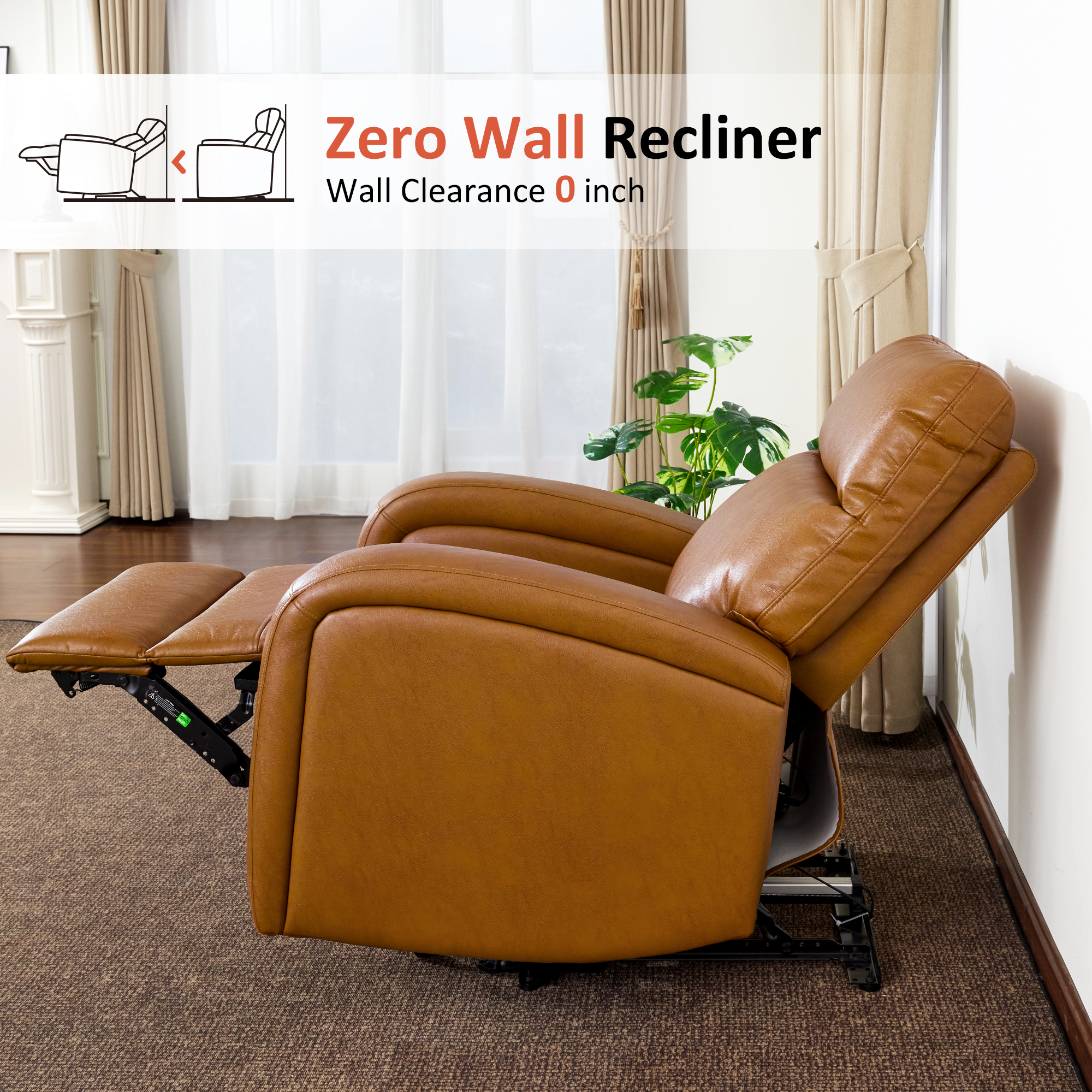 MCombo Zero Wall Hugger Power Recliner Chair for Small Space, Living Room, RV, Cognac Brown