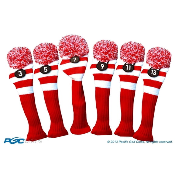 Majek Golf Club 3 5 7 9 11 13 White and Red Limited Edition Fairway Wood Head Covers Tour Knit Retro Vintage Pom Classic Long Neck Metal Longneck Woods Headcovers
