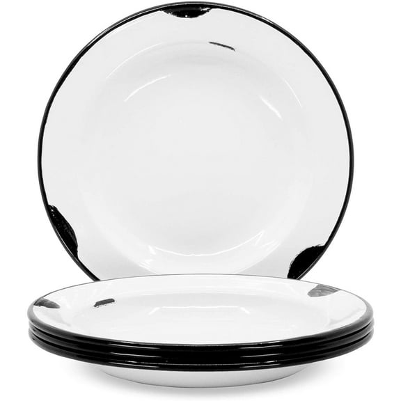 Red Co. Set of 4 Enamelware Metal Classic 8" Round Salad Plate, Distressed White/Black Rim