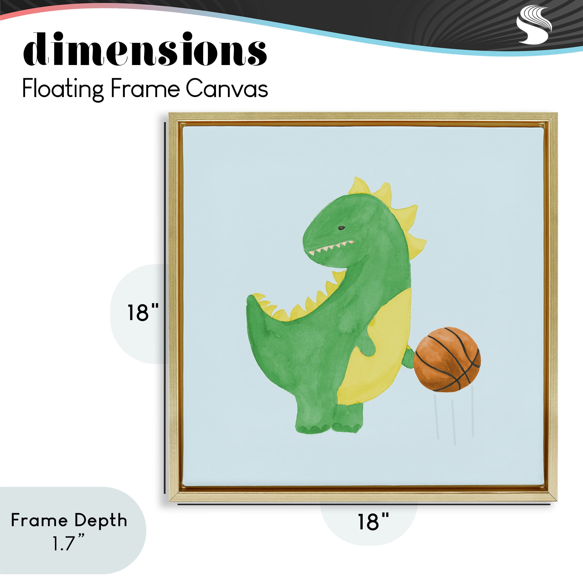 Stupell Industries Baby Dino & Basketball Gold Framed Floater Canvas Wall Art, design by Lucille Price