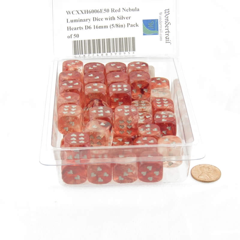 Red Nebula Luminary Dice with Silver Hearts D6 16mm (5/8in) Pack of 50 Wondertrail