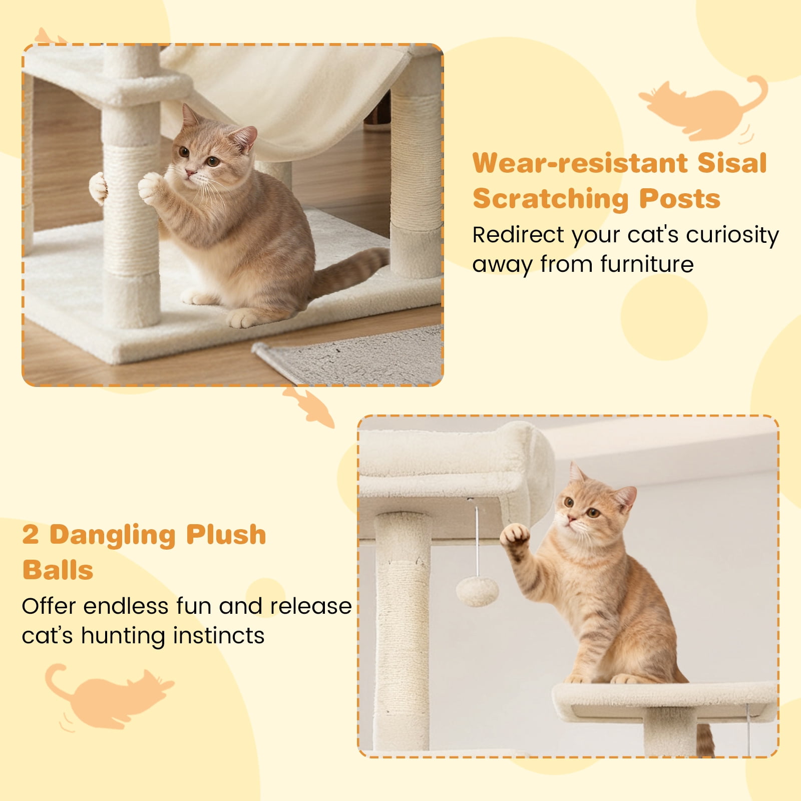 Costway 70” Cat Tree for Indoor Cats with Padded Top Perch, Dual Condos, Hammock, Platforms Beige