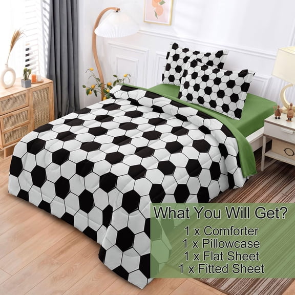 Soccer Comforter Set Twin for Boys Girls, 4 Pieces Soccer Bedding Twin Bed in a Bag Set with Sheets, Black and White Bed Sets for Teenage