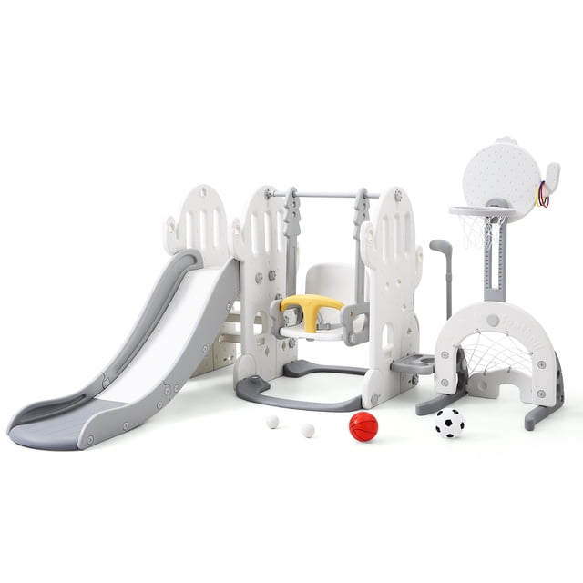 7 in 1 Toddler Slide Set with Swing and Basketball Hoop - Multi-Activity Play Center Basketball Ring Toss Adjustable Height Safe Plastic