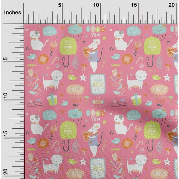 oneOone Cotton Poplin Medium Pink Fabric Floral|Rat & Cat Cartoon Sewing Craft Projects Fabric Prints By Yard 56 Inch Wide