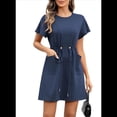 thumbnail image 2 of Robes Femmes Printemps Été 2025 Décontractées Col Rond à Volants Manches Courtes Fluides Ligne A Mini Robe avec Poches Bleu Merle L, 2 of 8