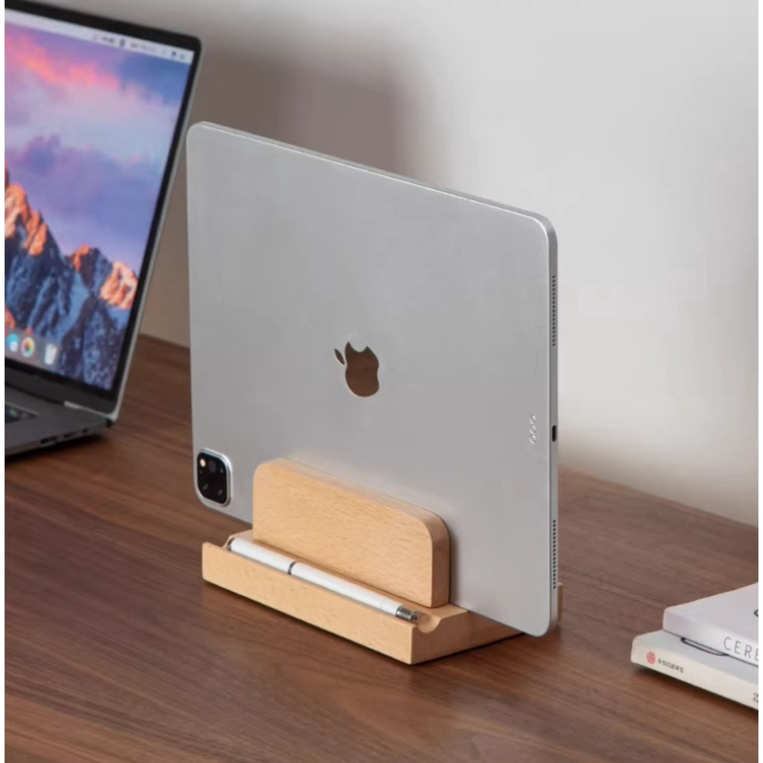 Adjustable Wooden Vertical Laptop Stand, Solid Wood Desktop Holder for Notebook/iPad/Tablet, Space-Saving Computer Stand with Heat Dissipation
