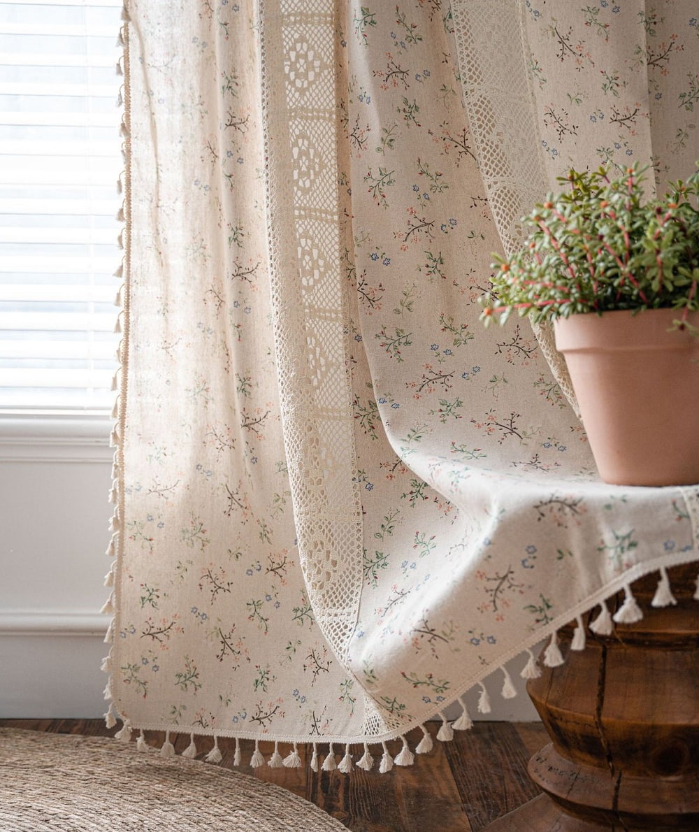 1 Pair Boho Curtains Beige Cotton Linen Curtains Embroidery Semi-transparent Linen Optics Flower Curtains With Tassel 59" W x 71" L