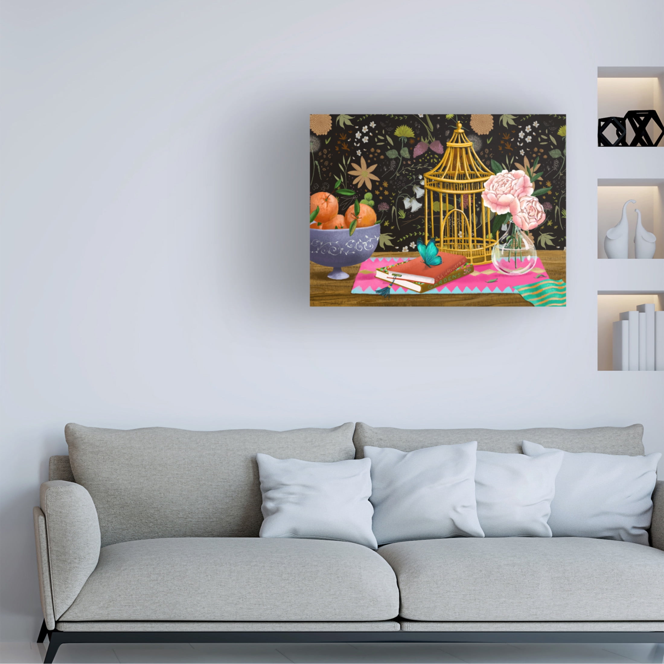 Canvas Wall Art - Christine Rotolo 'Peonies and the Blue Butterfly' Wall Art for Living Room, Bedroom, or Office Décor by Trademark Fine Art - 19 x 14 Inches