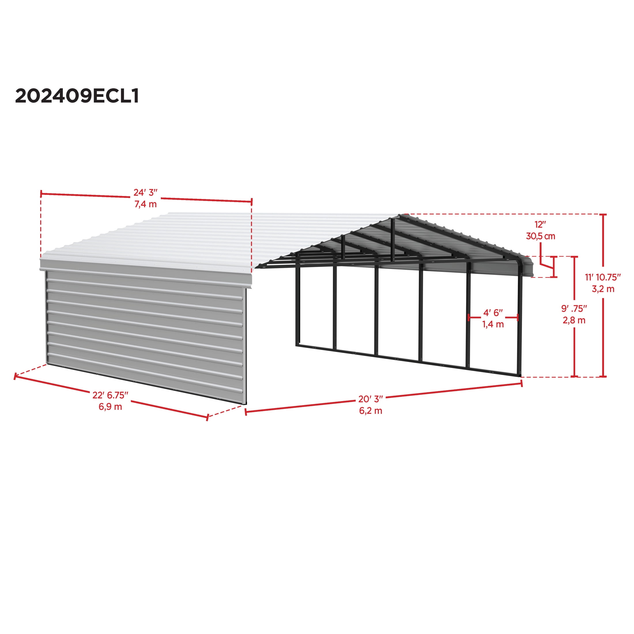 Arrow 20 x 24 x 9 ft Eggshell Carport With 1 Side Wall Kit