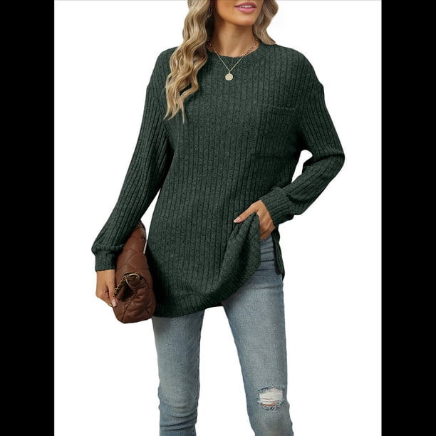 Camisa de Larga para Mujer, Suéter de Otoño, Túnica Informal, Top Holgado con Bolsillos. Verde M