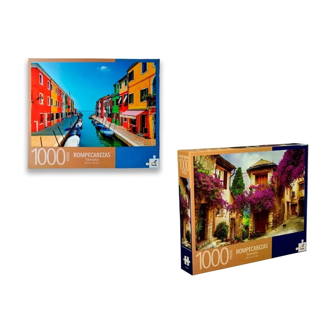 rompecabezas de paisajes , ciudades de 1000 piezas 68 x 51 cm mod. surtidos novelty Caja con rompecabezas de adulto 1000 piezas (68 x 51 cm) que muestra dos modelos: a la izquierda un canal con fachadas rojas y azules, a la derecha una calle empedrada con buganvilias moradas; marca Novelty y sello "1000 piezas" visible.