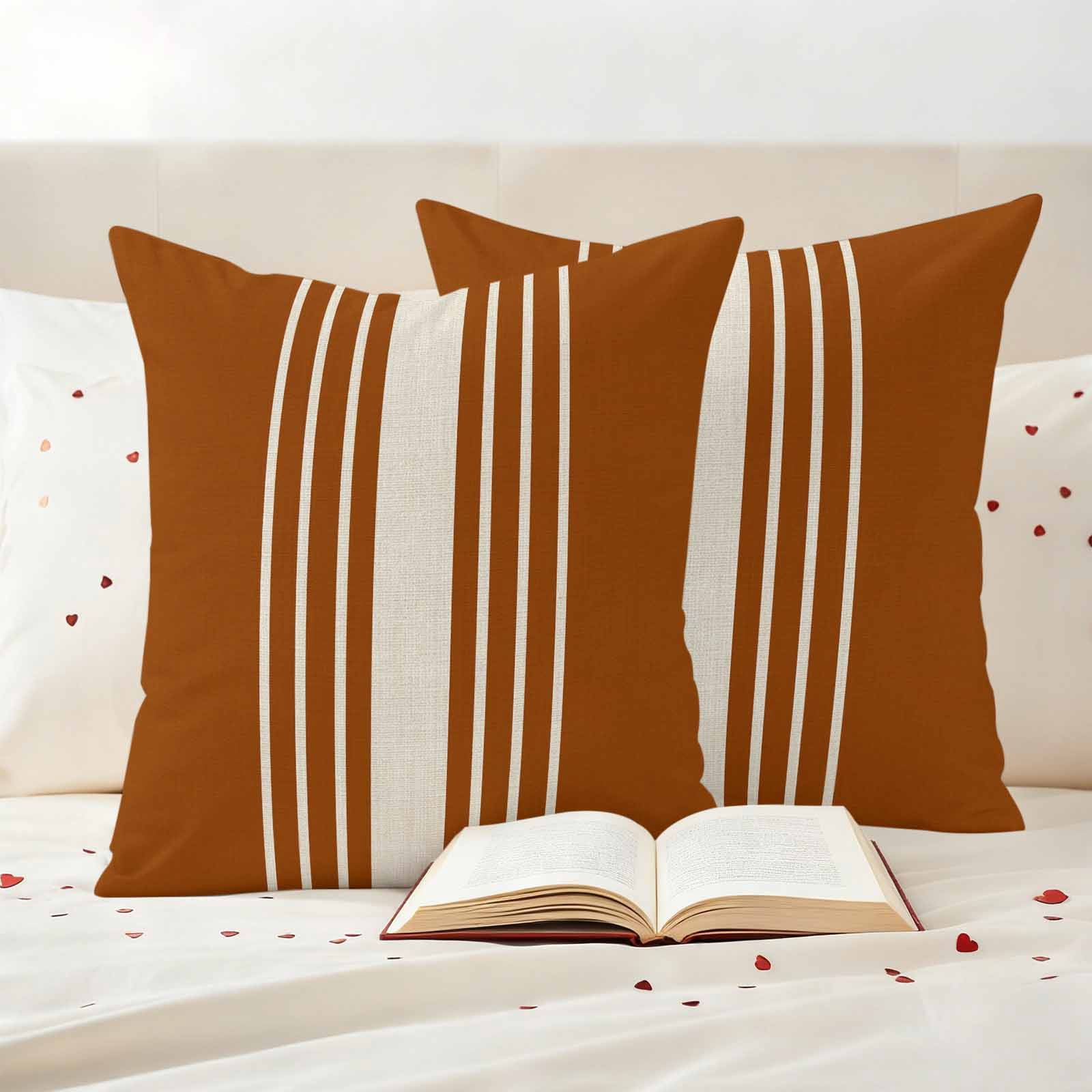 Burnt Orange Beige Striped Outdoor Waterproof Pillow Covers, Modern Farmhouse Retro Lines Decorative Square Throw Pillowcase Sofa Cushion Sham for Patio/Couch/Chair, 20"x20" 2 Pack