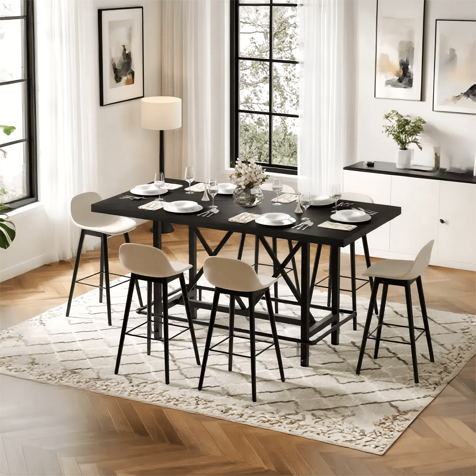 Fnova 35.4" Tall Dining Table, Rectangular Counter Height Kitchen Table with Metal Footrest for 6 People