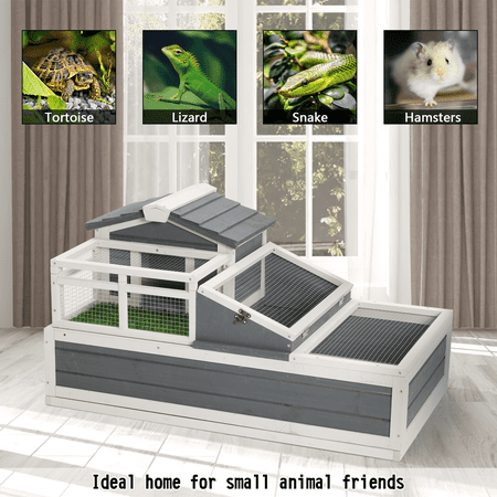 LIVIVOX 3-Room Tortoise House Habitat with Turf Balcony & 2 Stories, Indoor/Outdoor Wooden Tortoise Enclosure with Ladder, Tray, Openable Roof, Large Reptile Cage