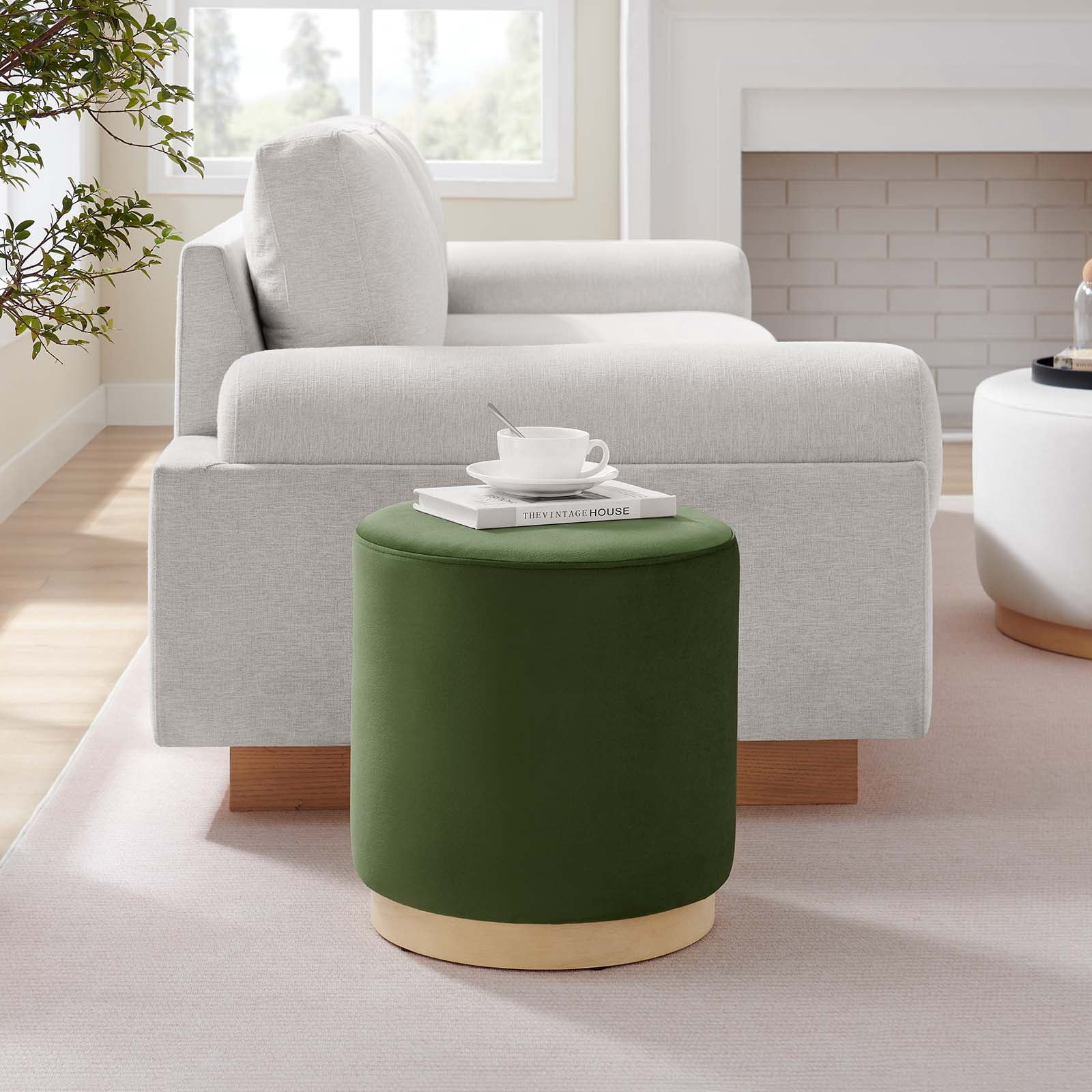 Tilden 16" Round Performance Velvet Upholstered Ottoman in Moss Green Natural