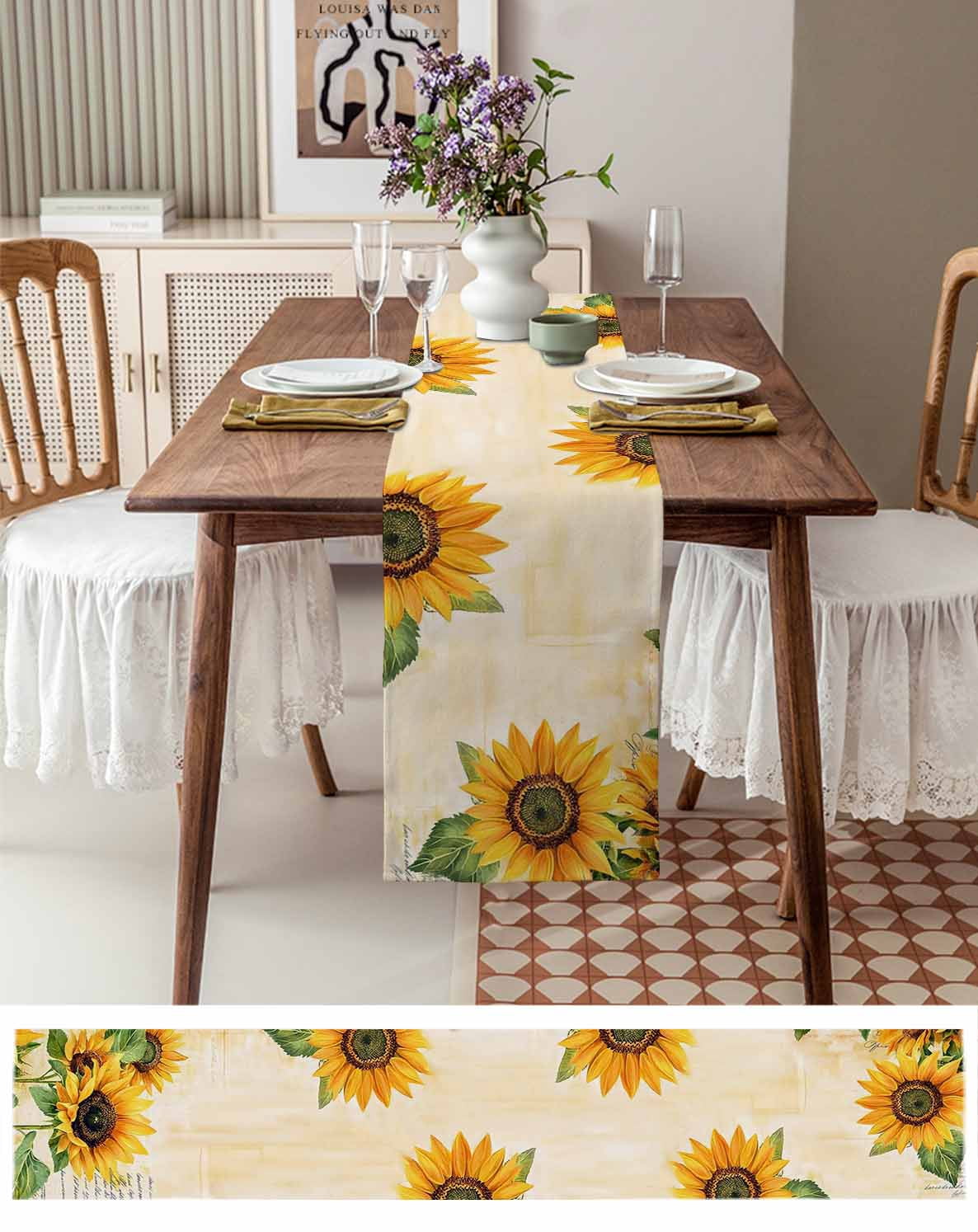 nqOlkjepod Botanical Sunflowers Table Runner 70 Inches Long Farmhouse Dress Scarves, Farmhouse Watercolor Flowers Leaves Dining Tablerunner for Coffee Table/Kitchen Island/Party Décor, 13" x 70"