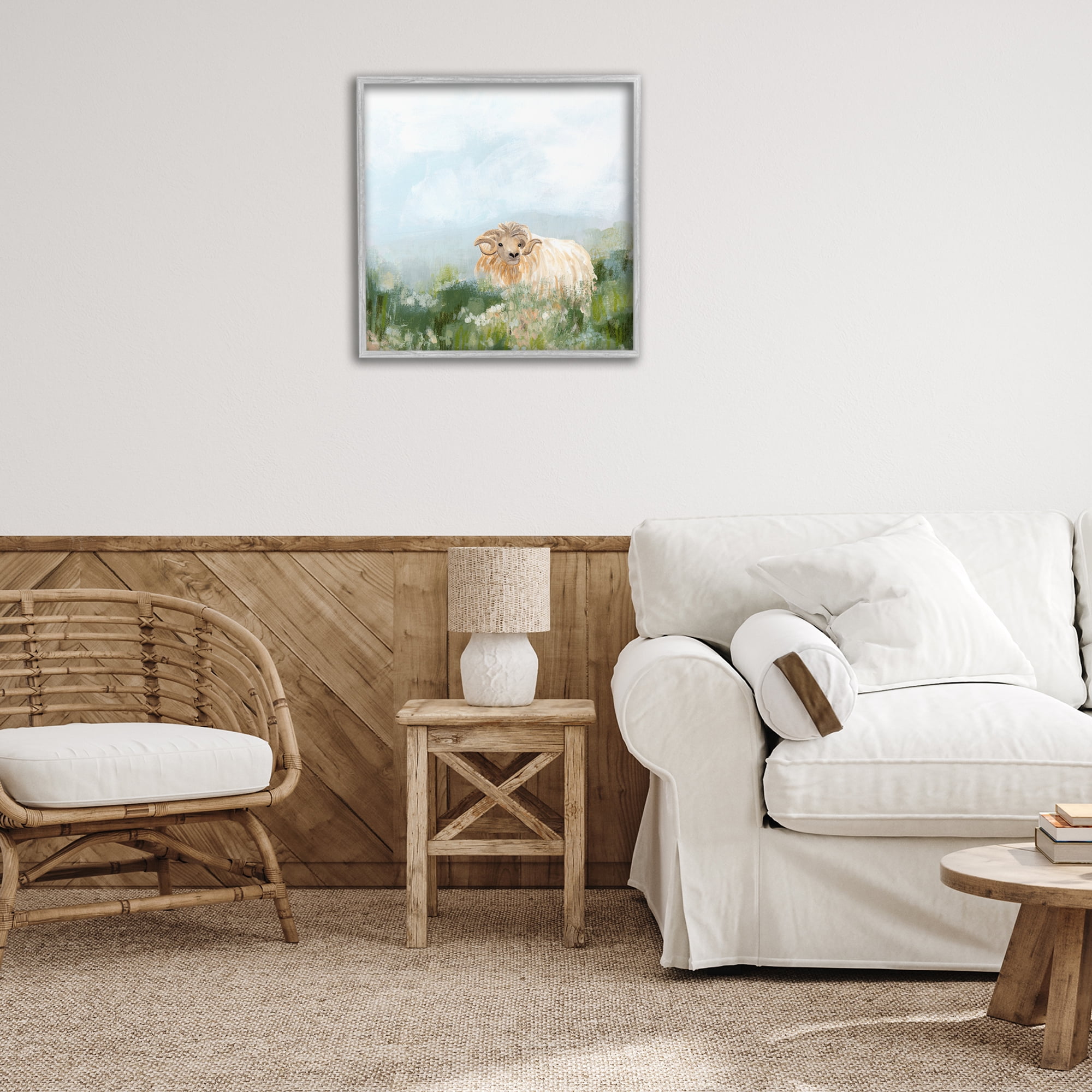 Stupell Industries Rural Goat in Meadow Animals & Insects Painting Gray Framed Art Print Wall Art, 24 x 24