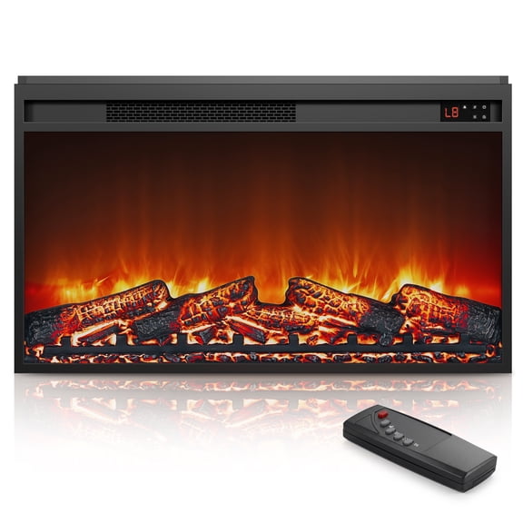PAPROOS 30 Inch Electric Fireplace Insert, 1400W Electric Fireplace Heater with 7-Color Realistic LED Flame, Adjustable Thermostat, Remote Control & 1-8H Timer, Black