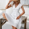 thumbnail image 6 of Women'S 2025Eyelet Lace Embroidery Smocked Waist Party Dress Flutter Sleeve A Line Midi Long Sun Dress White S, 6 of 8