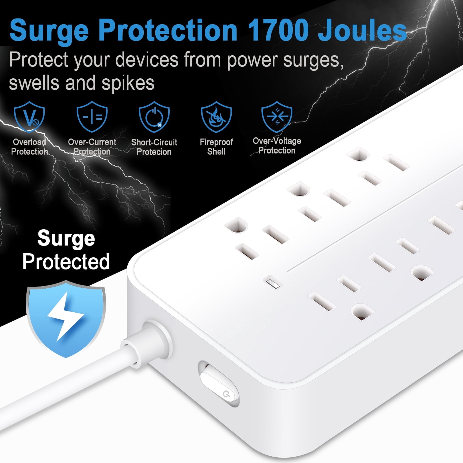 10ft Cord 4 USB Ports (1 USB C) Surge Protector Power Strip, Extension Cord for Home Office, ETL Listed, White