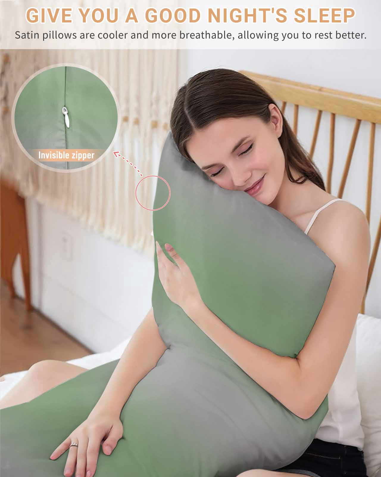 Green Grey Pillow Cases Cal King Size, Smooth Satin Pillowcase for Hair and Skin, Modern Minimalist Solid Vertical Stripes Decorative Cooling Bed Pillow Covers with Zipper, 20x40 Inches